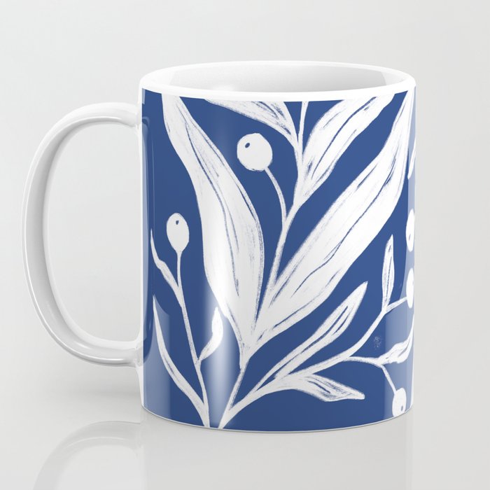 White on dark blue minimalistic modern floral art Coffee Mug Gallery Image 3