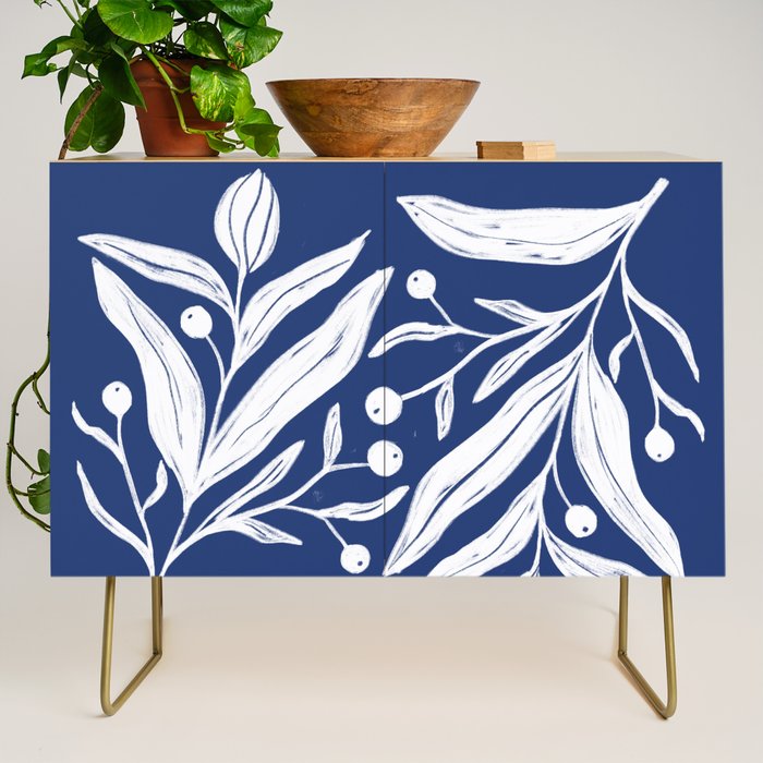 White on dark blue minimalistic modern floral art Credenza Gallery Image 1