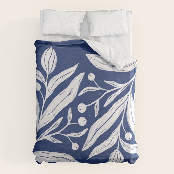White on dark blue minimalistic modern floral art Duvet Cover