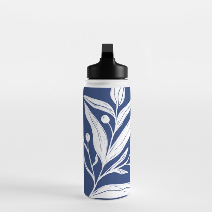 White on dark blue minimalistic modern floral art Water Bottle Gallery Image 3