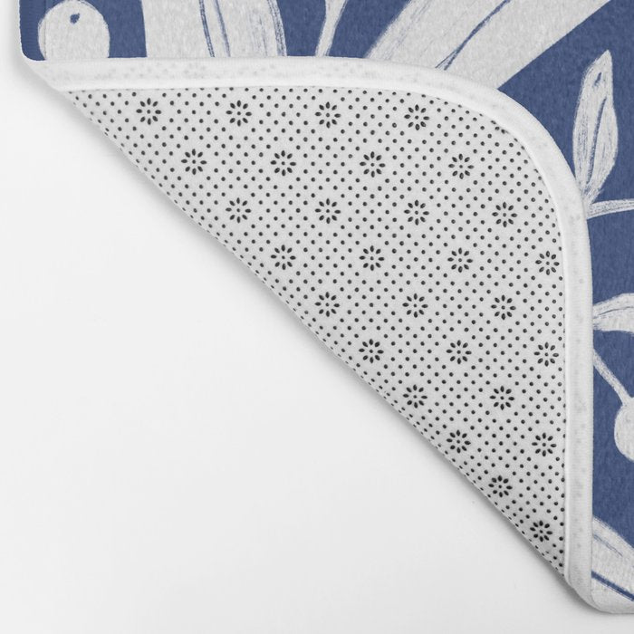 White on dark blue minimalistic modern floral art Bath Mat Gallery Image 2