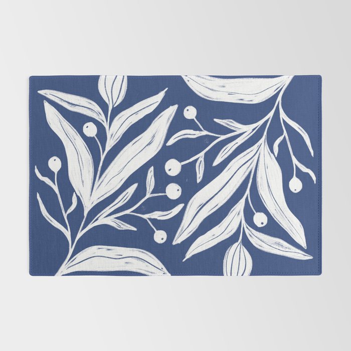 White on dark blue minimalistic modern floral art Rug Gallery Image 2