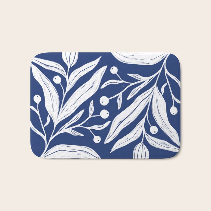White on dark blue minimalistic modern floral art Bath Mat