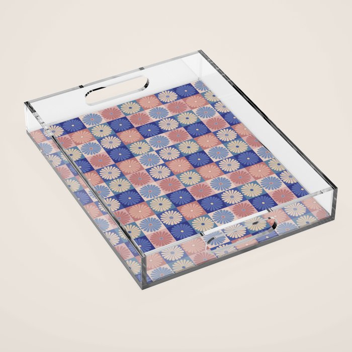 Retro Flowers Check Pattern XIII Acrylic Tray Gallery Image 1