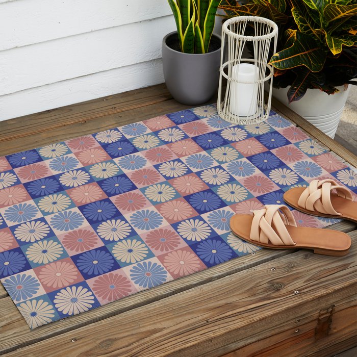 Retro Flowers Check Pattern XIII Outdoor Rug Gallery Image 2