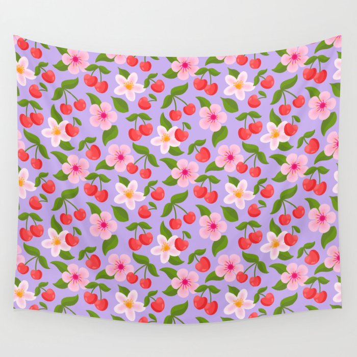 Cherry Pattern on Lavender Wall Tapestry Gallery Image 1