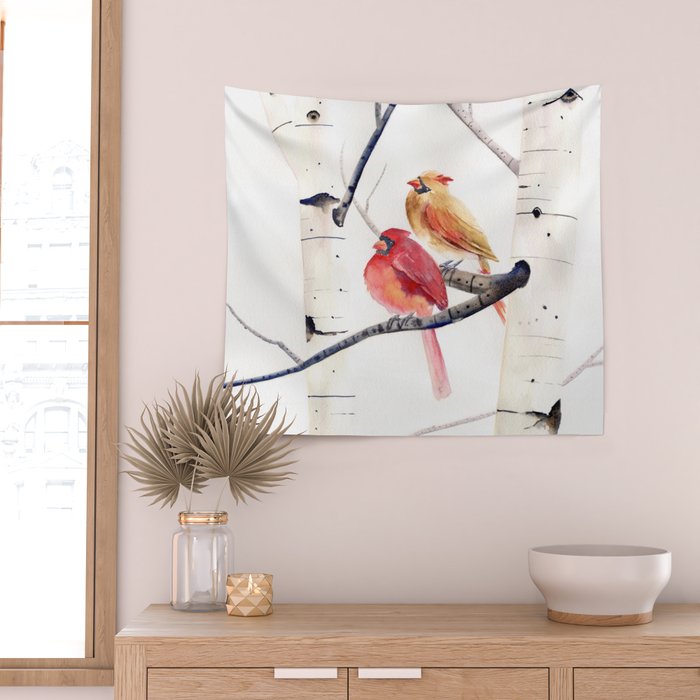 Cardinals and Birch Trees  Wall Tapestry Gallery Image 2