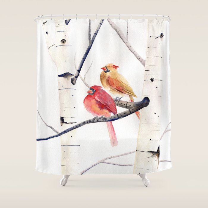 Cardinals and Birch Trees  Shower Curtain Gallery Image 1