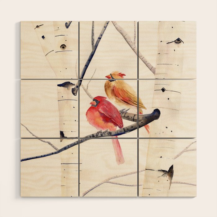 Cardinals and Birch Trees  Wood Wall Art Gallery Image 1