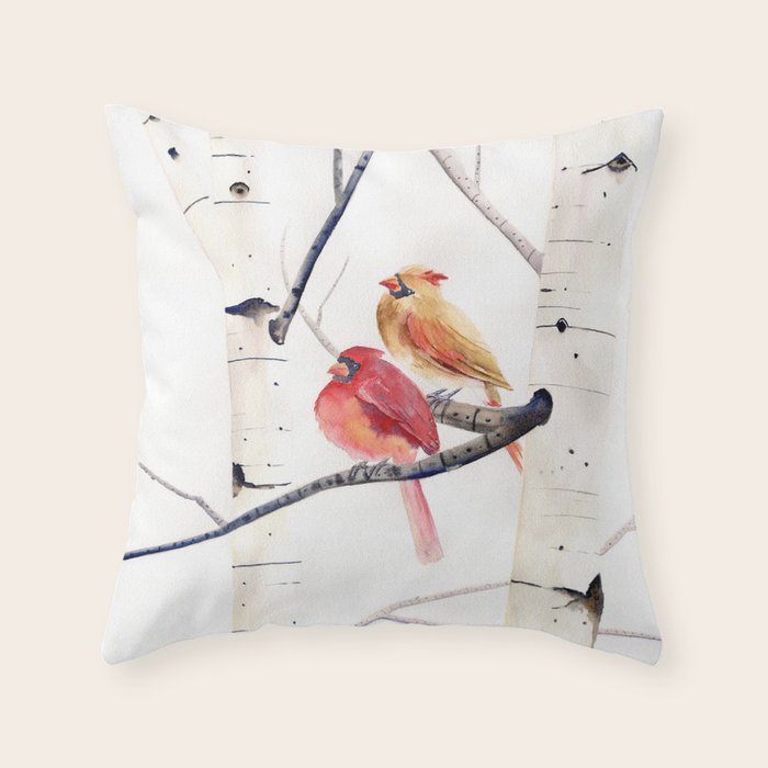 Cardinals and Birch Trees  Throw Pillow Gallery Image 6