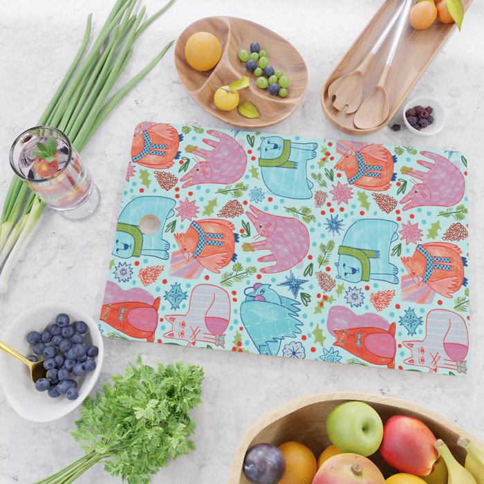 Winter Forest Woodland Animals in Arctic Blue Cutting Board Gallery Image 2