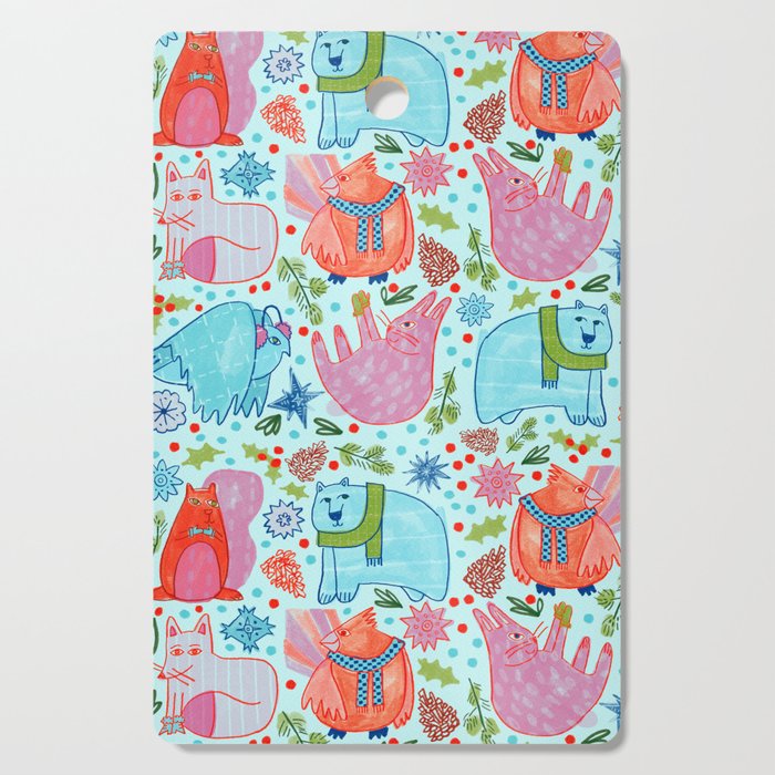 Winter Forest Woodland Animals in Arctic Blue Cutting Board Gallery Image 1