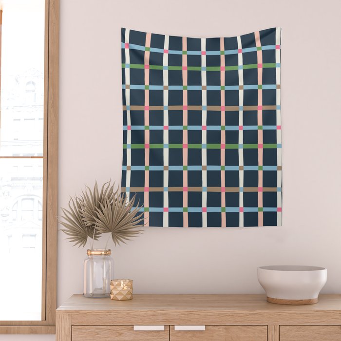 Windowpane Plaid Multicolor on Dark Blue Wall Tapestry Gallery Image 2