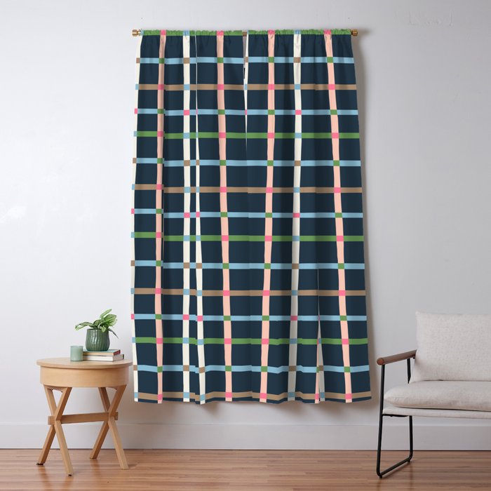 Windowpane Plaid Multicolor on Dark Blue Window Curtain Gallery Image 1