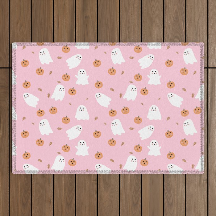  Cute Ghost Pumpkin Pink Halloween Outdoor Rug Gallery Image 1