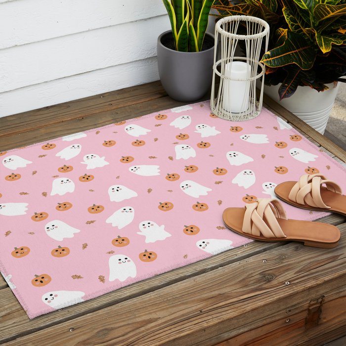  Cute Ghost Pumpkin Pink Halloween Outdoor Rug Gallery Image 2