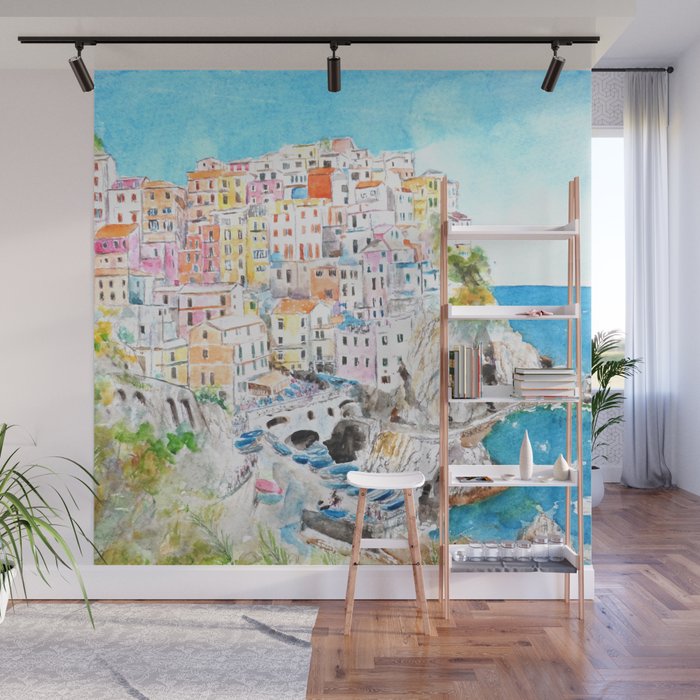 Italy Cinque Terre watercolor painting Wall Mural Gallery Image 1