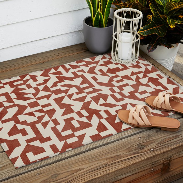 Geometric Abstract Terracotta Modern Original Artwork Outdoor Rug Gallery Image 2