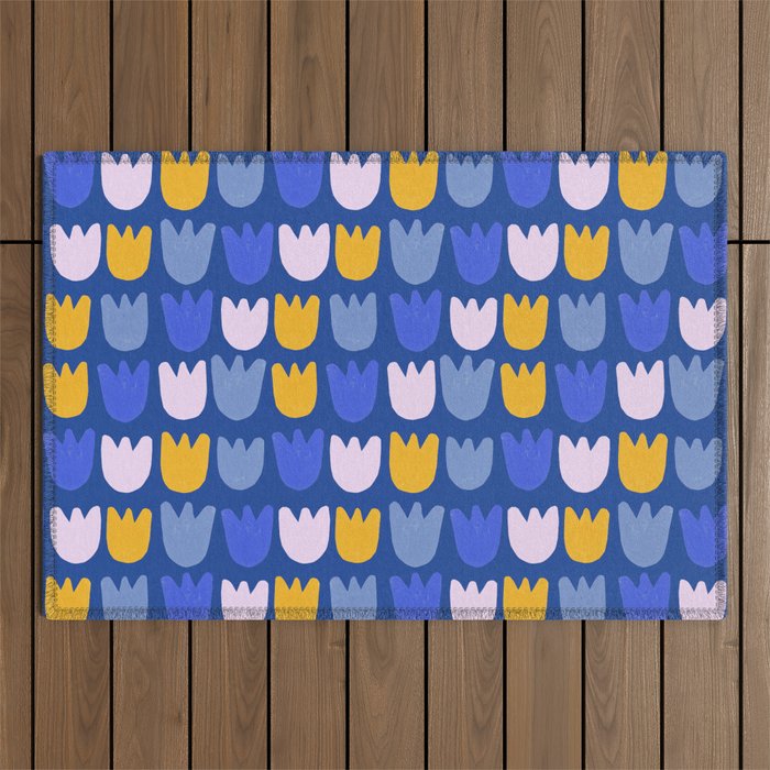 Rows of Tulips in Bloom in Blue & Mustard Yellow Outdoor Rug Gallery Image 1