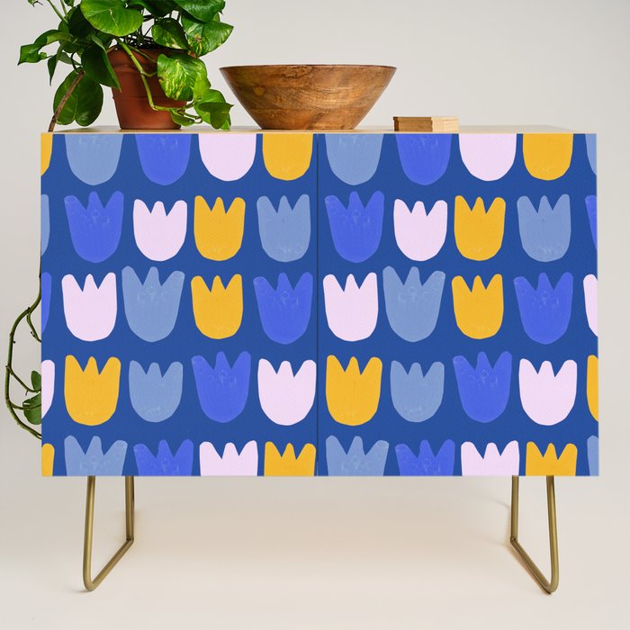 Rows of Tulips in Bloom in Blue & Mustard Yellow Credenza Gallery Image 1
