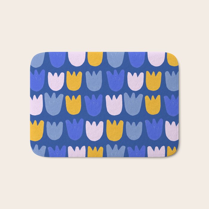 Rows of Tulips in Bloom in Blue & Mustard Yellow Bath Mat Gallery Image 1