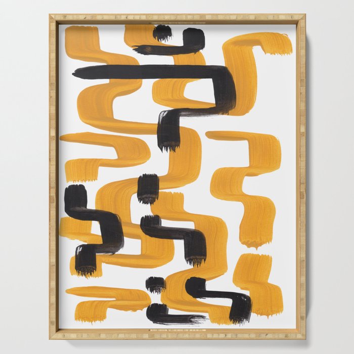 Mid Century Abstract Black & Yellow Fun Pattern 70's Mustard Ripples Lines Retro Style Serving Tray Gallery Image 1