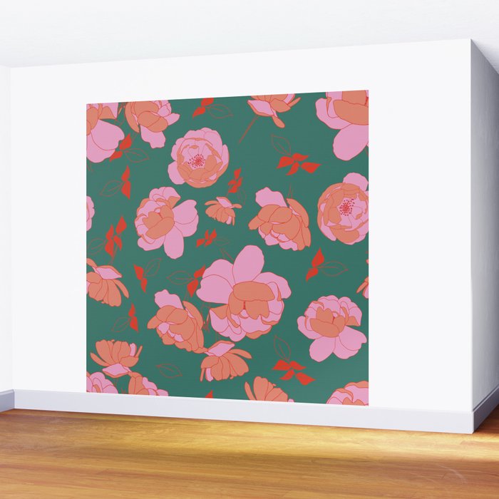 English Roses in Pink and Green Wall Mural Gallery Image 2