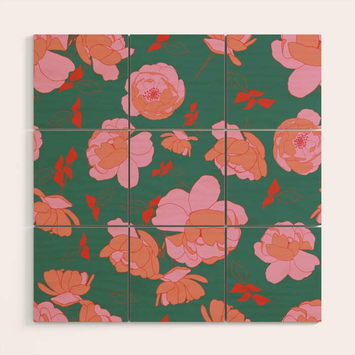 English Roses in Pink and Green Wood Wall Art Gallery Image 1