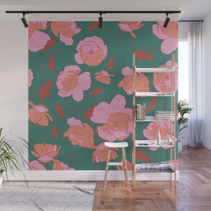 English Roses in Pink and Green Wall Mural Gallery Image 1