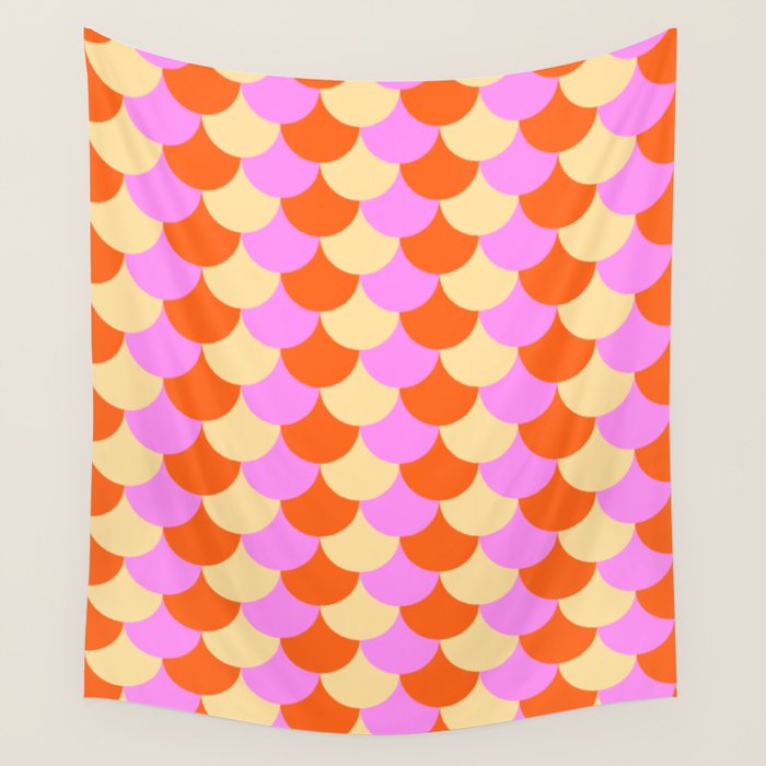 Scale Pattern / Art-deco - Pink, Orange, Cream Wall Tapestry Gallery Image 1