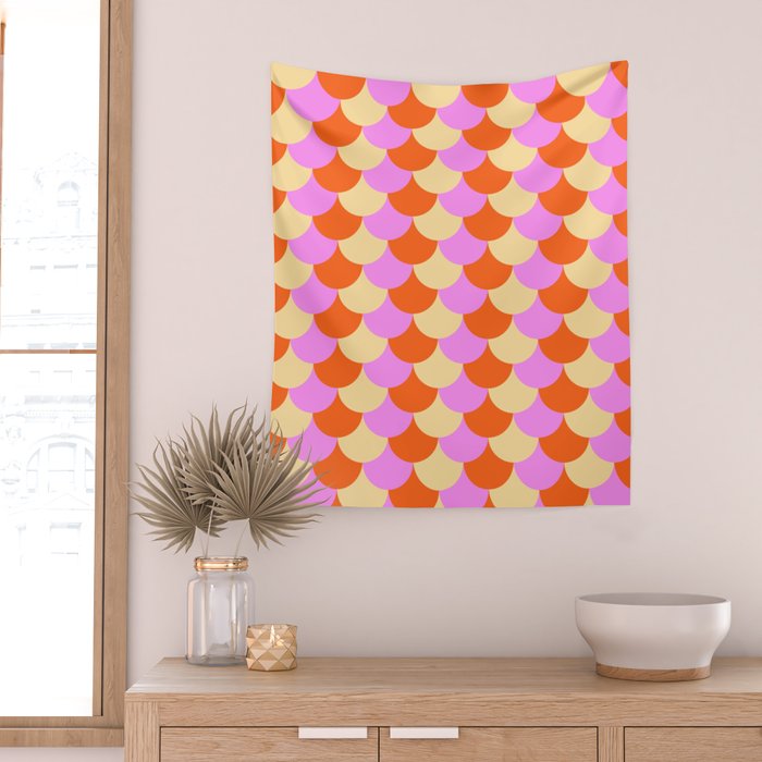 Scale Pattern / Art-deco - Pink, Orange, Cream Wall Tapestry Gallery Image 2