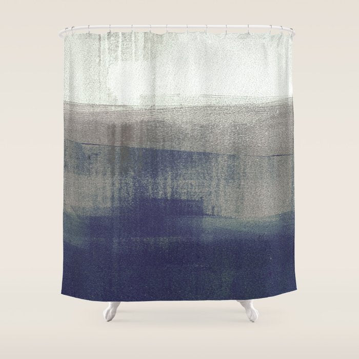 Navy Blue and Grey Minimalist Abstract Landscape Shower Curtain Gallery Image 1