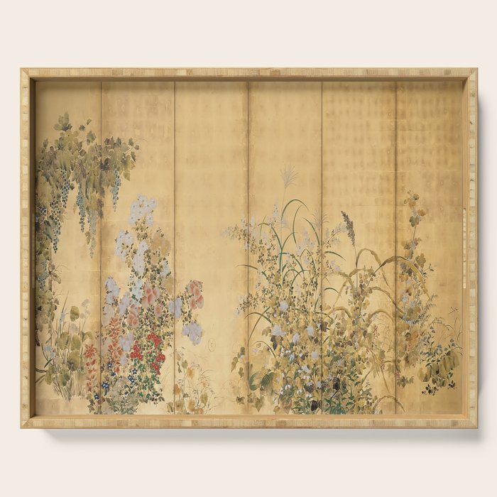 Japanese Edo Period Six-Panel Gold Leaf Screen - Spring and Autumn Flowers Serving Tray Gallery Image 1