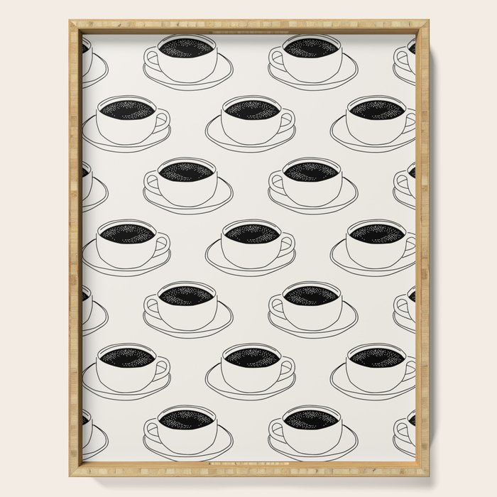 Black and white coffee drink mug doodle pattern Serving Tray Gallery Image 1