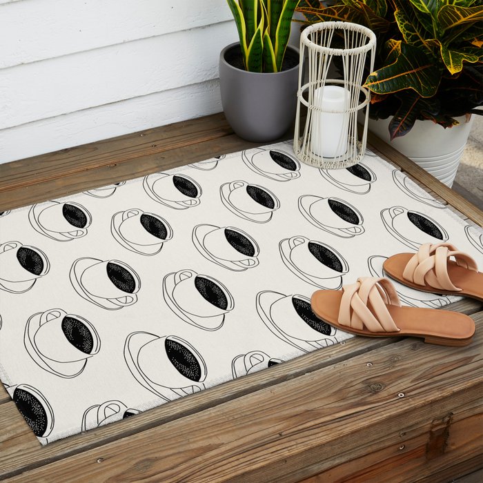 Black and white coffee drink mug doodle pattern Outdoor Rug Gallery Image 2