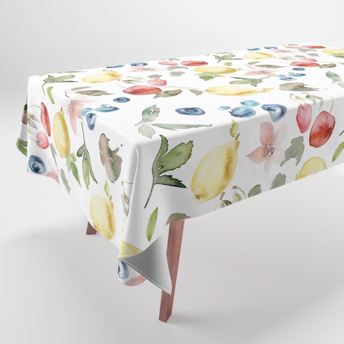 Lemon Berries and Cherries Watercolor Pattern Tablecloth Gallery Image 1