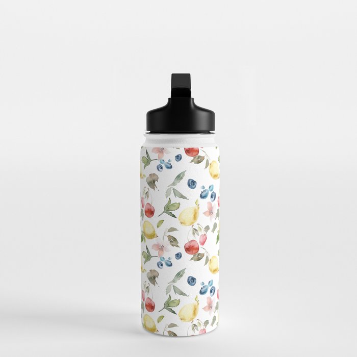 Lemon Berries and Cherries Watercolor Pattern Water Bottle Gallery Image 3