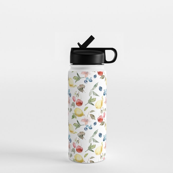 Lemon Berries and Cherries Watercolor Pattern Water Bottle Gallery Image 1