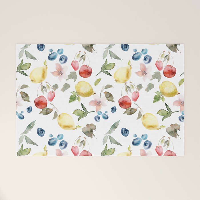 Lemon Berries and Cherries Watercolor Pattern Welcome Mat Gallery Image 1
