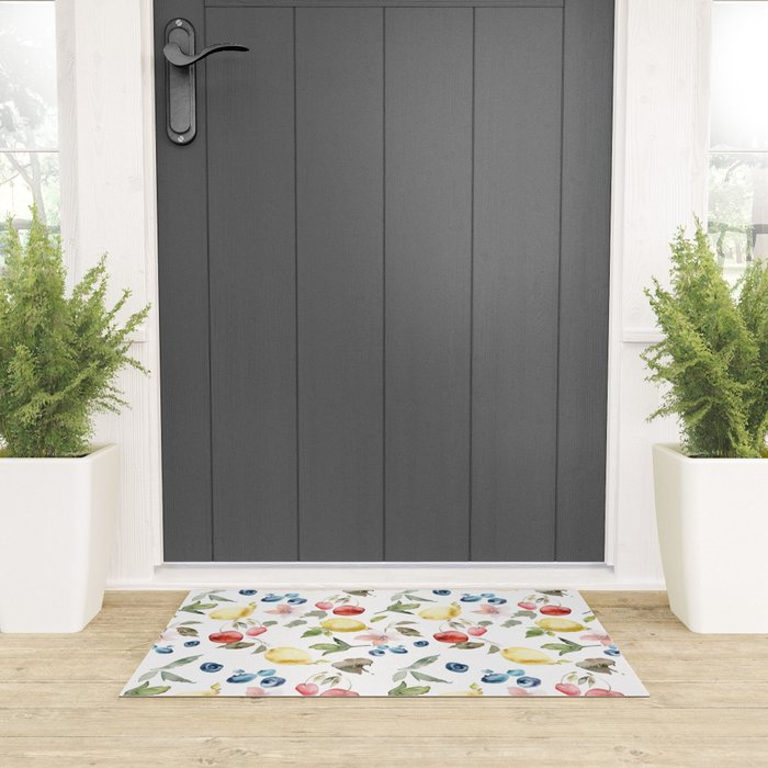Lemon Berries and Cherries Watercolor Pattern Welcome Mat Gallery Image 3