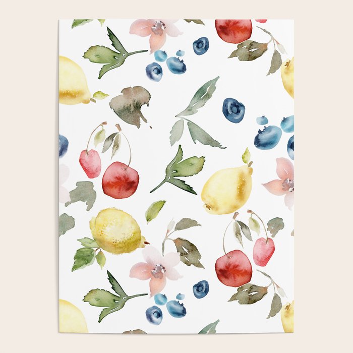 Lemon Berries and Cherries Watercolor Pattern Poster Gallery Image 1