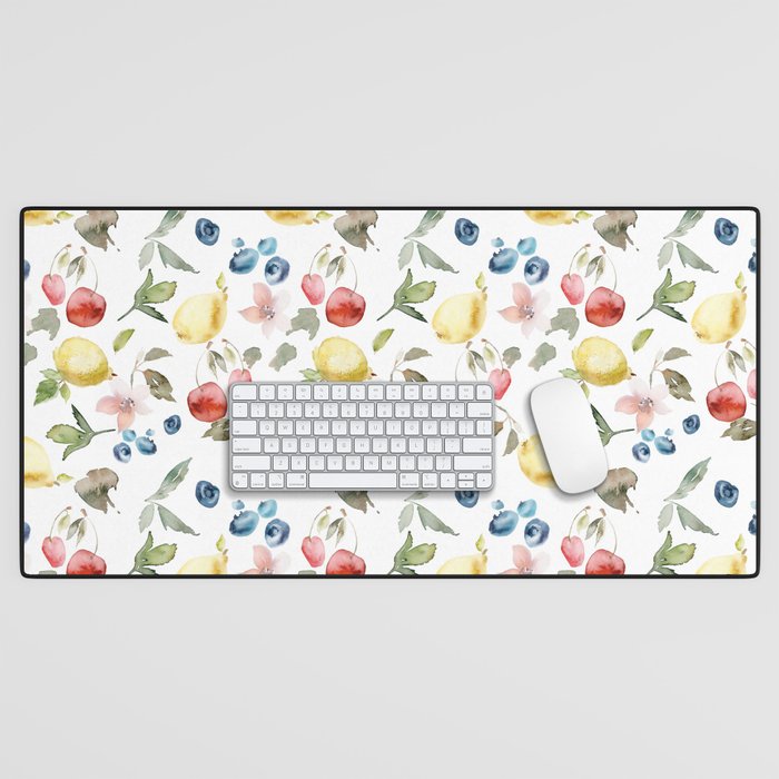 Lemon Berries and Cherries Watercolor Pattern Desk Mat Gallery Image 1