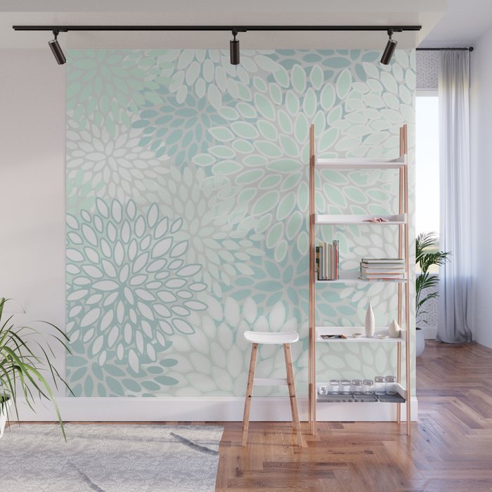 Floral Blooms, Soft Teal and Mint Wall Mural Gallery Image 1