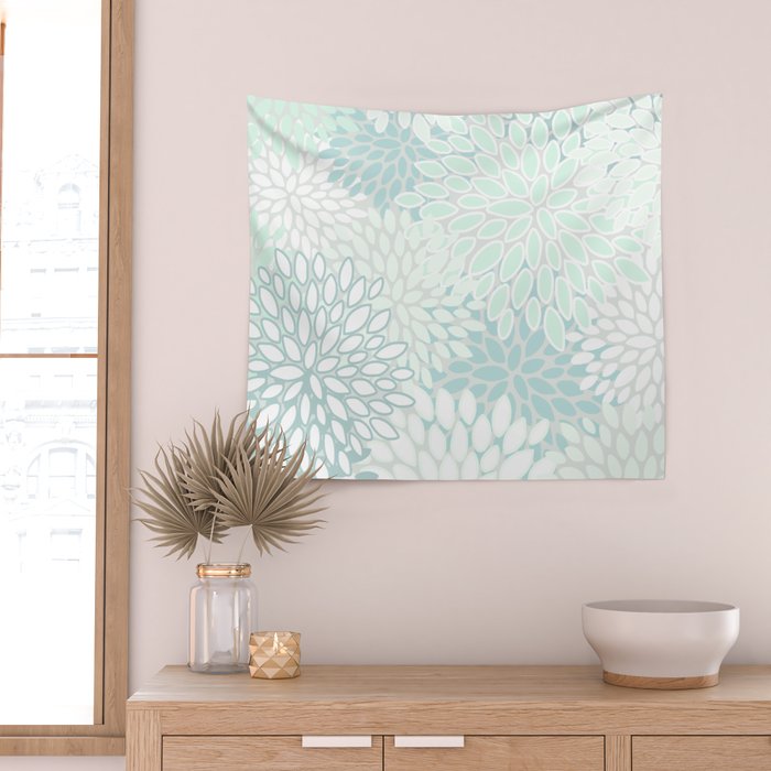 Floral Blooms, Soft Teal and Mint Wall Tapestry Gallery Image 2