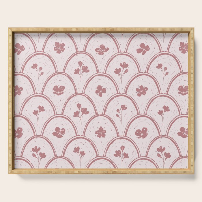 Rustic scallop floral block print - dusty rose pink pattern Serving Tray Gallery Image 1