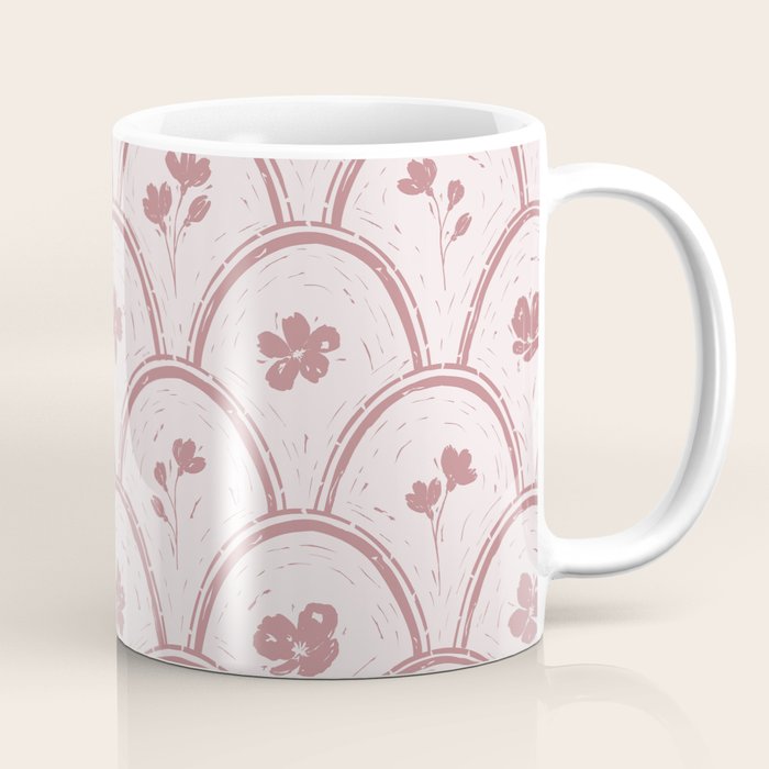 Rustic scallop floral block print - dusty rose pink pattern Coffee Mug Gallery Image 1