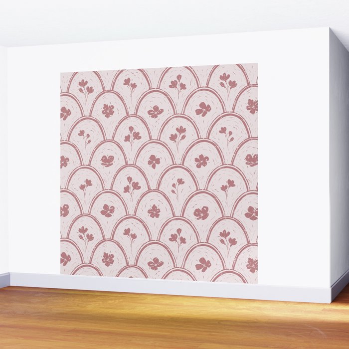 Rustic scallop floral block print - dusty rose pink pattern Wall Mural Gallery Image 2