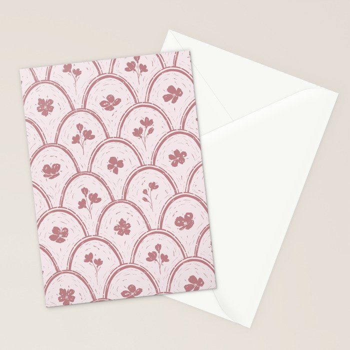 Rustic scallop floral block print - dusty rose pink pattern Stationery Card Gallery Image 2