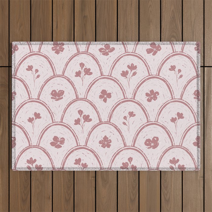 Rustic scallop floral block print - dusty rose pink pattern Outdoor Rug Gallery Image 1