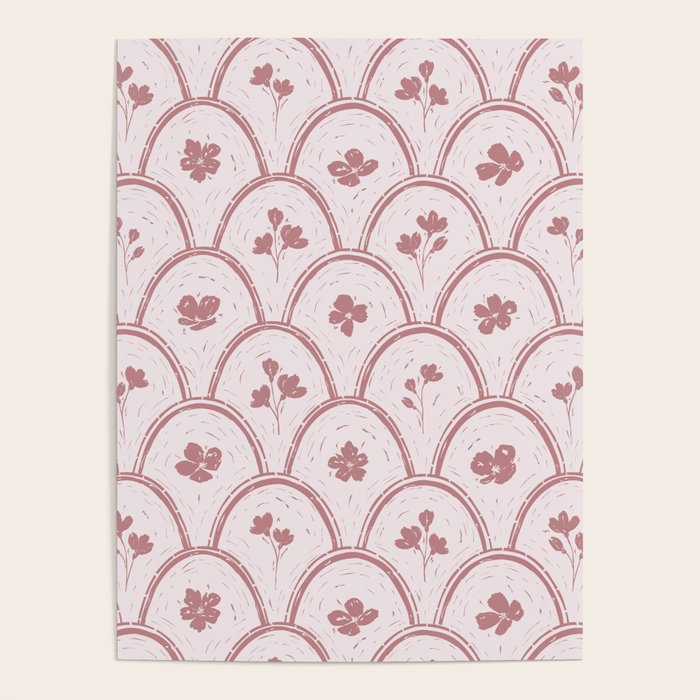 Rustic scallop floral block print - dusty rose pink pattern Poster Gallery Image 1